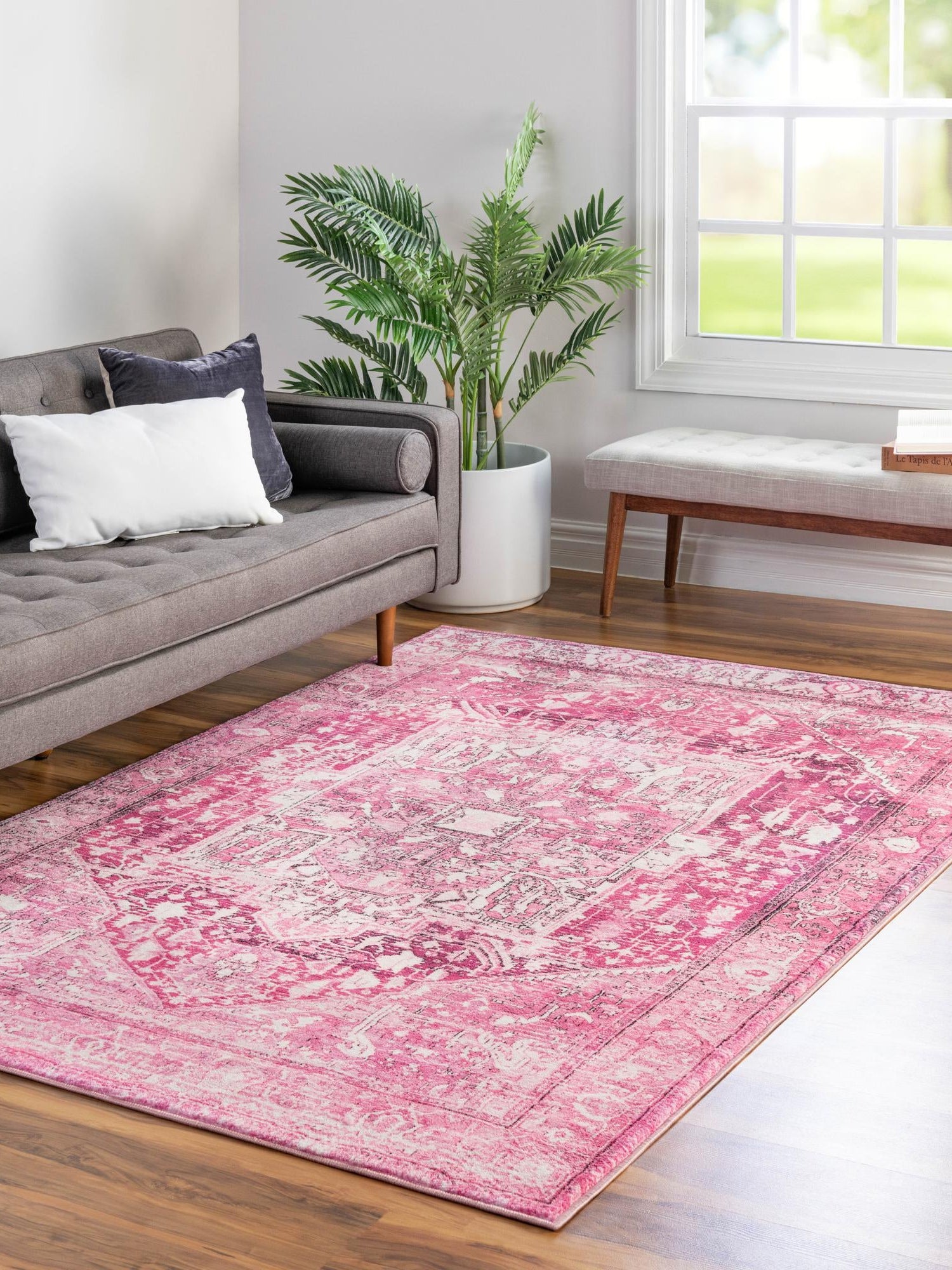 Washable Plumrose Pink 7' 10 x 10' 4 Medina Rectangle Area Rug Easy to Clean Stain Resistant & Durable Polyester Classic Carpet for Home Decor & Design for Sale at Rug Engine