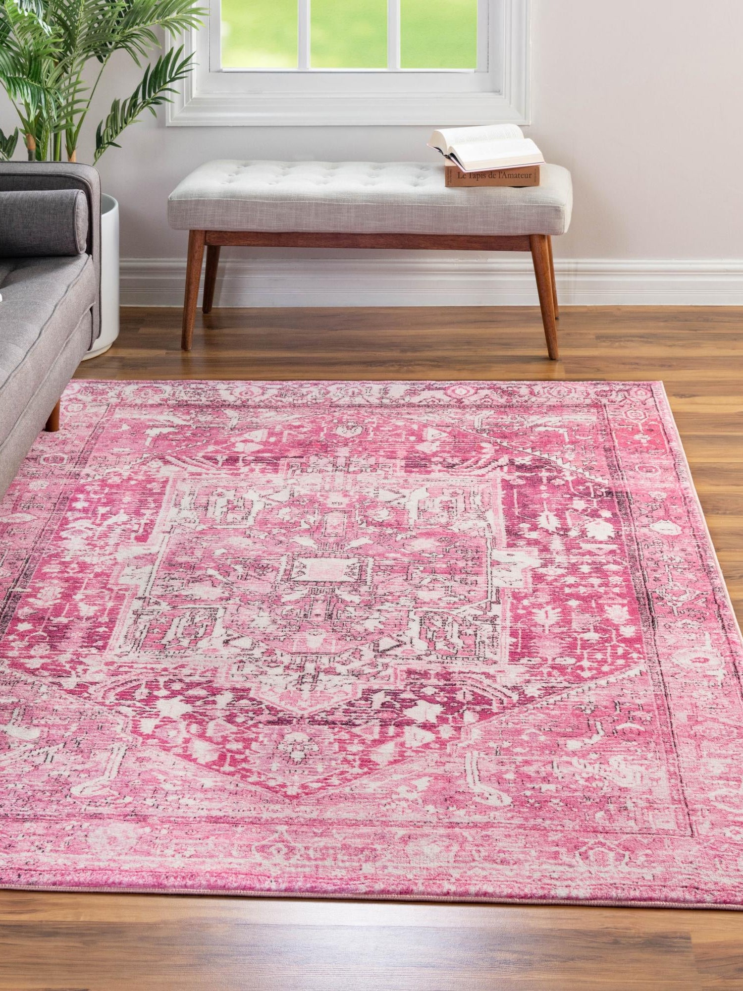 Washable Plumrose Pink 7' 10 x 10' 4 Medina Rectangle Area Rug Easy to Clean Stain Resistant & Durable Polyester Classic Carpet for Home Decor & Design for Sale at Rug Engine