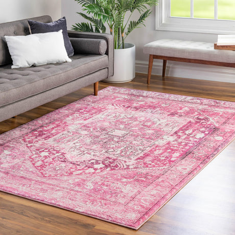 Washable Plumrose Pink 6' 7 x 9' Medina Rectangle Area Rug Easy to Clean Stain Resistant & Durable Polyester Classic Carpet for Home Decor & Design for Sale at Rug Engine