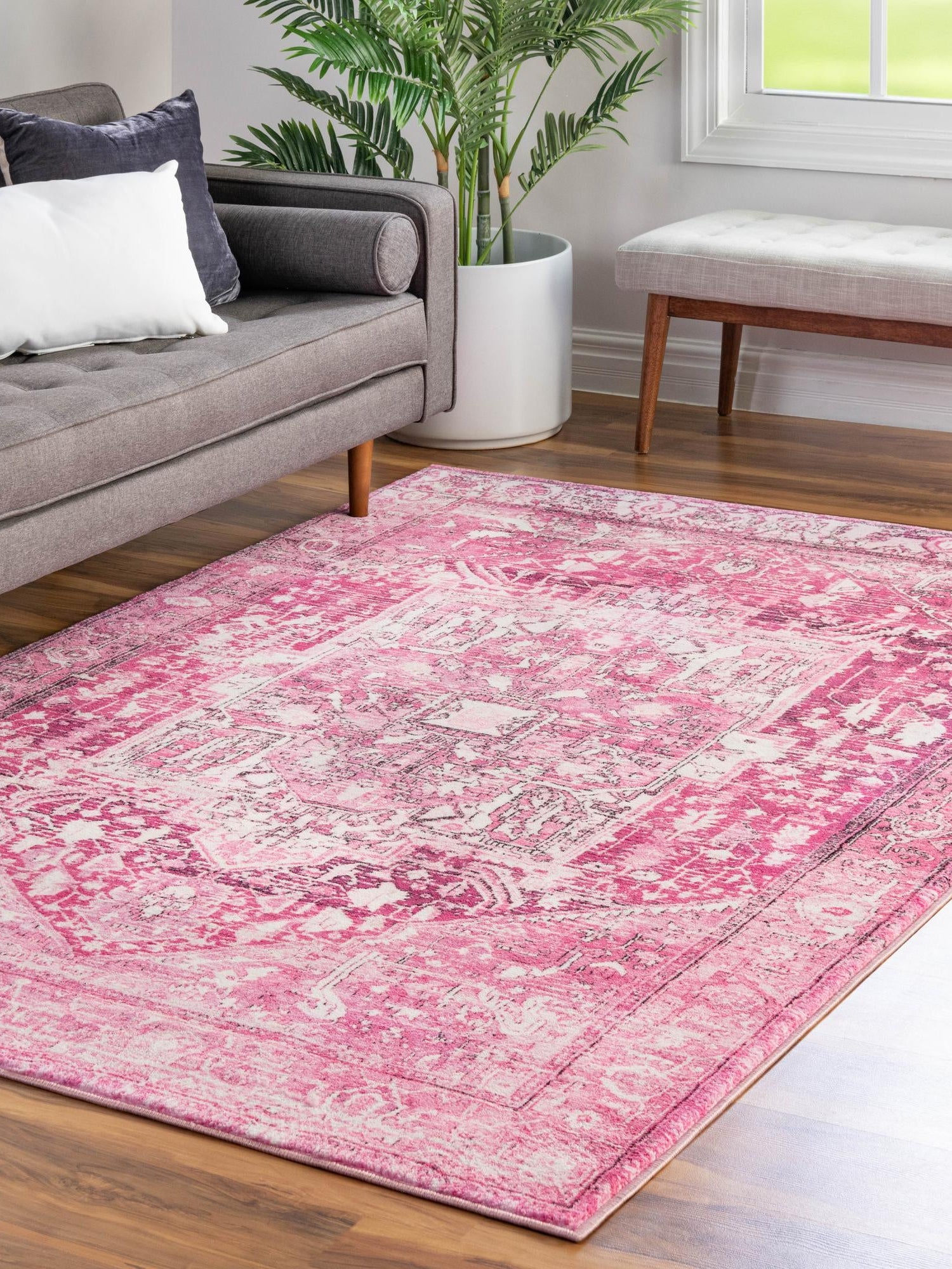 Washable Plumrose Pink 7' 10 x 10' 4 Medina Rectangle Area Rug Easy to Clean Stain Resistant & Durable Polyester Classic Carpet for Home Decor & Design for Sale at Rug Engine