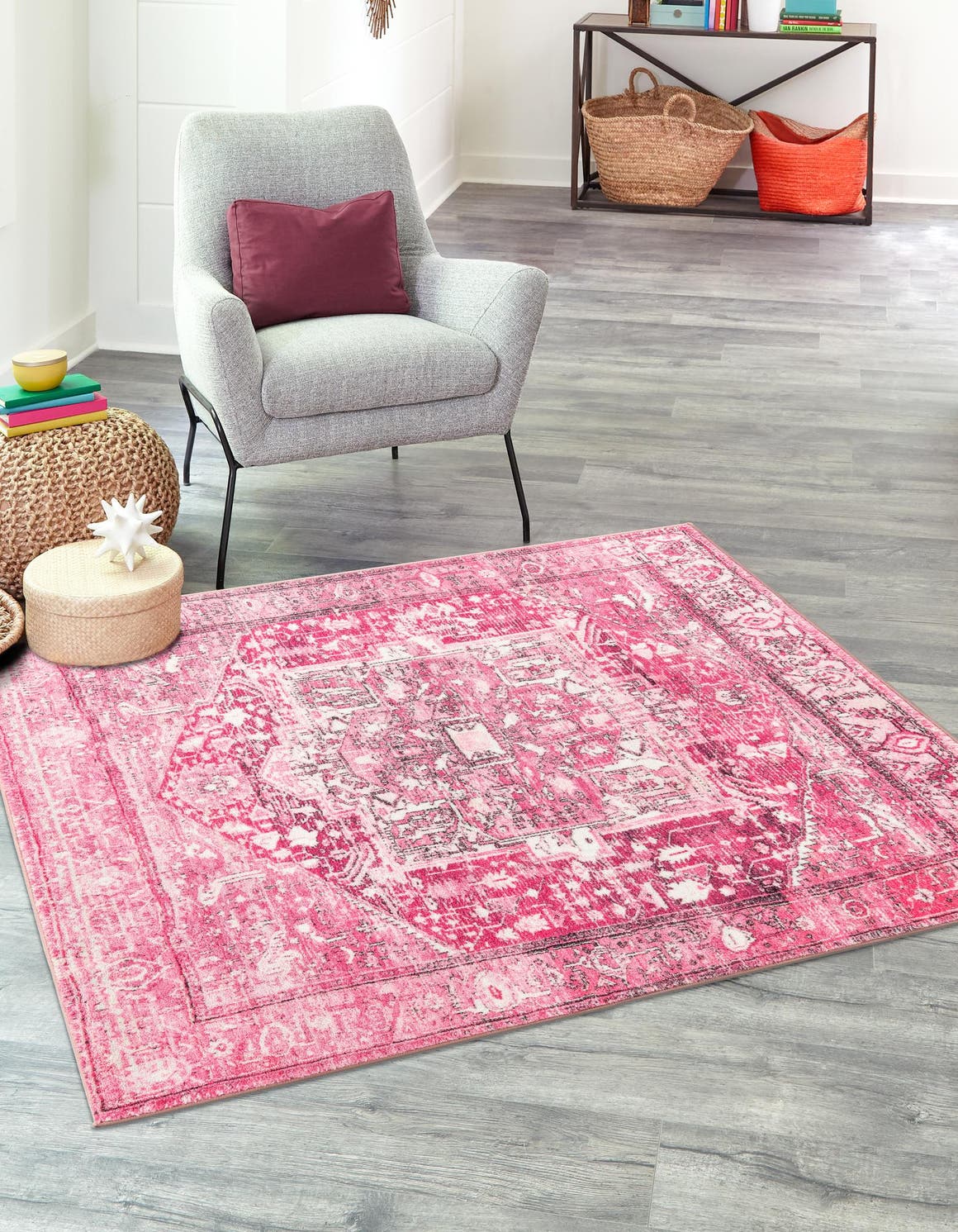 Washable Plumrose Pink 3' 3 x 3' 3 Medina Square Area Rug Easy to Clean Stain Resistant & Durable Polyester Classic Carpet for Home Decor & Design for Sale at Rug Engine