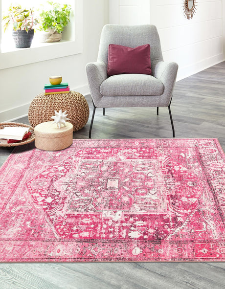 Washable Plumrose Pink 7' 10 x 7' 10 Medina Square Area Rug Easy to Clean Stain Resistant & Durable Polyester Classic Carpet for Home Decor & Design for Sale at Rug Engine