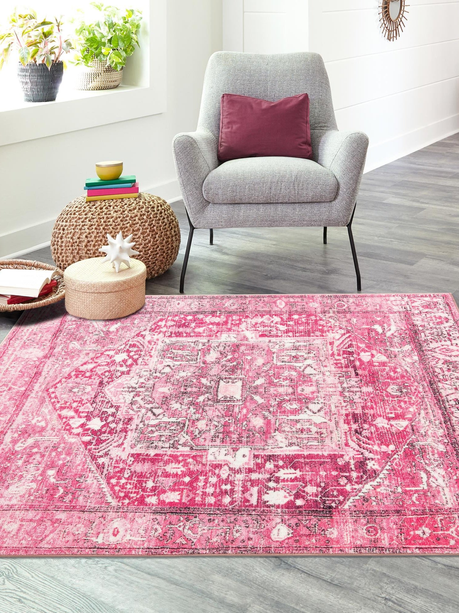 Washable Plumrose Pink 3' 3 x 3' 3 Medina Square Area Rug Easy to Clean Stain Resistant & Durable Polyester Classic Carpet for Home Decor & Design for Sale at Rug Engine