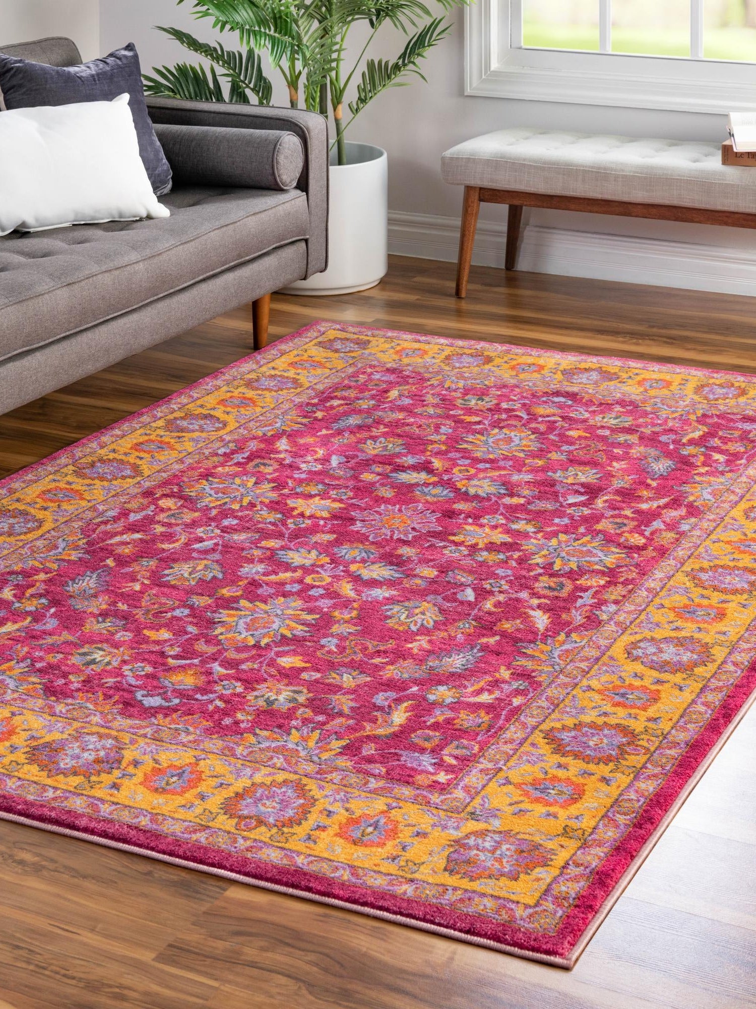 Washable Berry Pink 4' 4 x 6' Medina Rectangle Area Rug Easy to Clean Stain Resistant & Durable Polyester Classic Carpet for Home Decor & Design for Sale at Rug Engine
