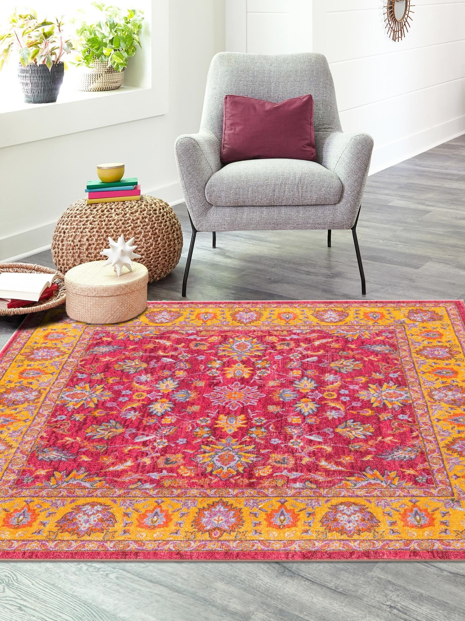 Washable Berry Pink 3' 3 x 3' 3 Medina Square Area Rug Easy to Clean Stain Resistant & Durable Polyester Classic Carpet for Home Decor & Design for Sale at Rug Engine