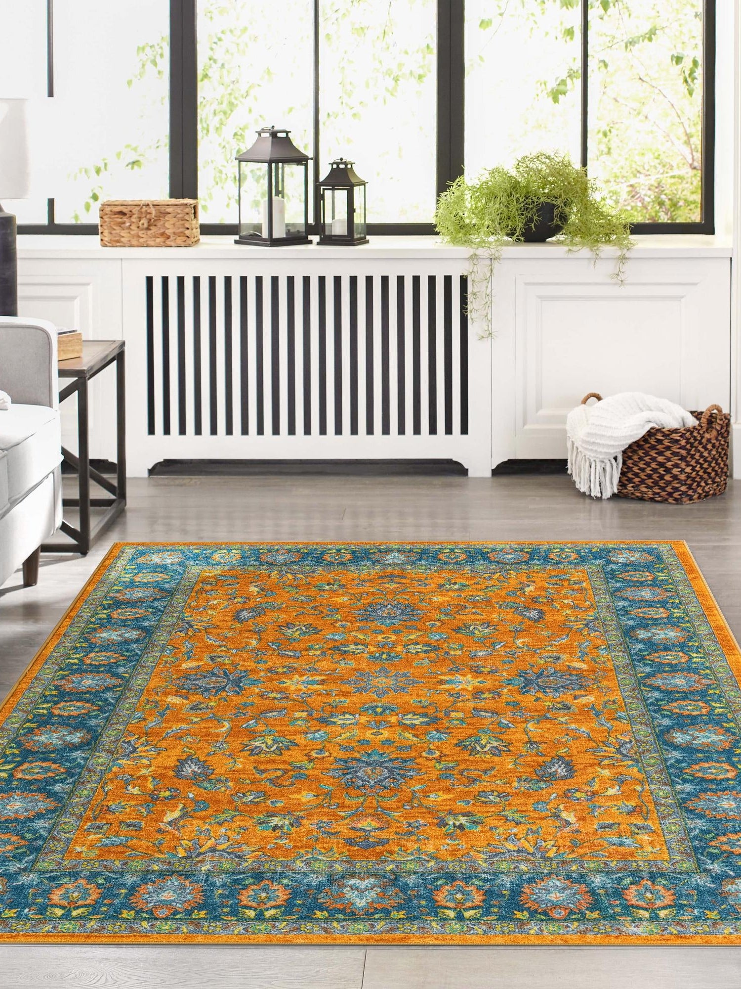 Washable Sunshine Yellow 4' 4 x 6' Medina Rectangle Area Rug Easy to Clean Stain Resistant & Durable Polyester Classic Carpet for Home Decor & Design for Sale at Rug Engine