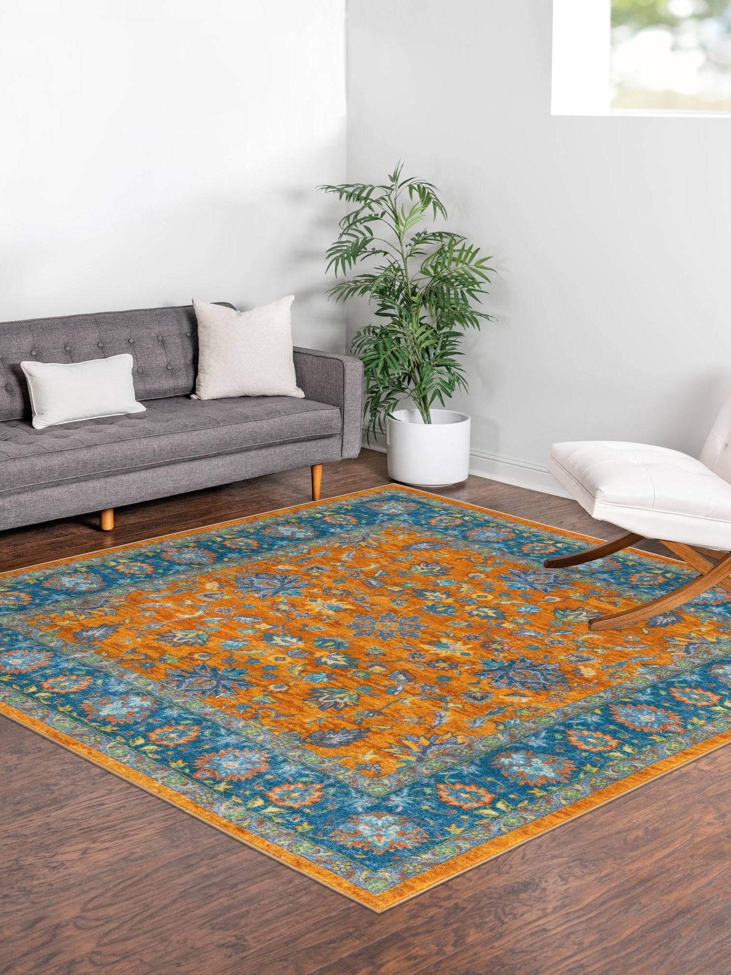 Washable Sunshine Yellow 5' 3 x 5' 3 Medina Square Area Rug Easy to Clean Stain Resistant & Durable Polyester Classic Carpet for Home Decor & Design for Sale at Rug Engine