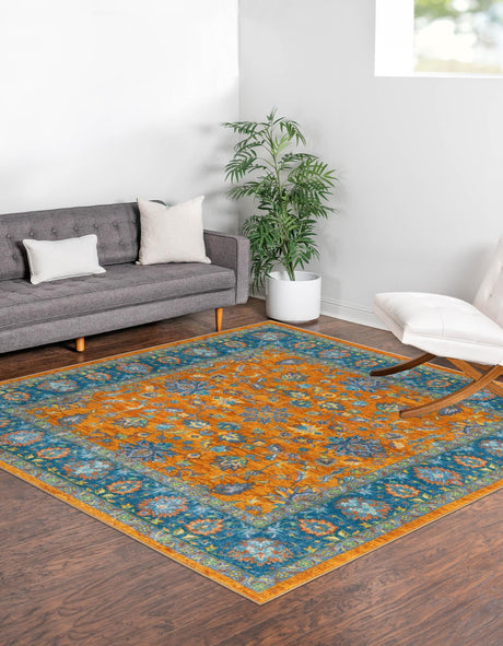 Washable Sunshine Yellow 5' 3 x 5' 3 Medina Square Area Rug Easy to Clean Stain Resistant & Durable Polyester Classic Carpet for Home Decor & Design for Sale at Rug Engine