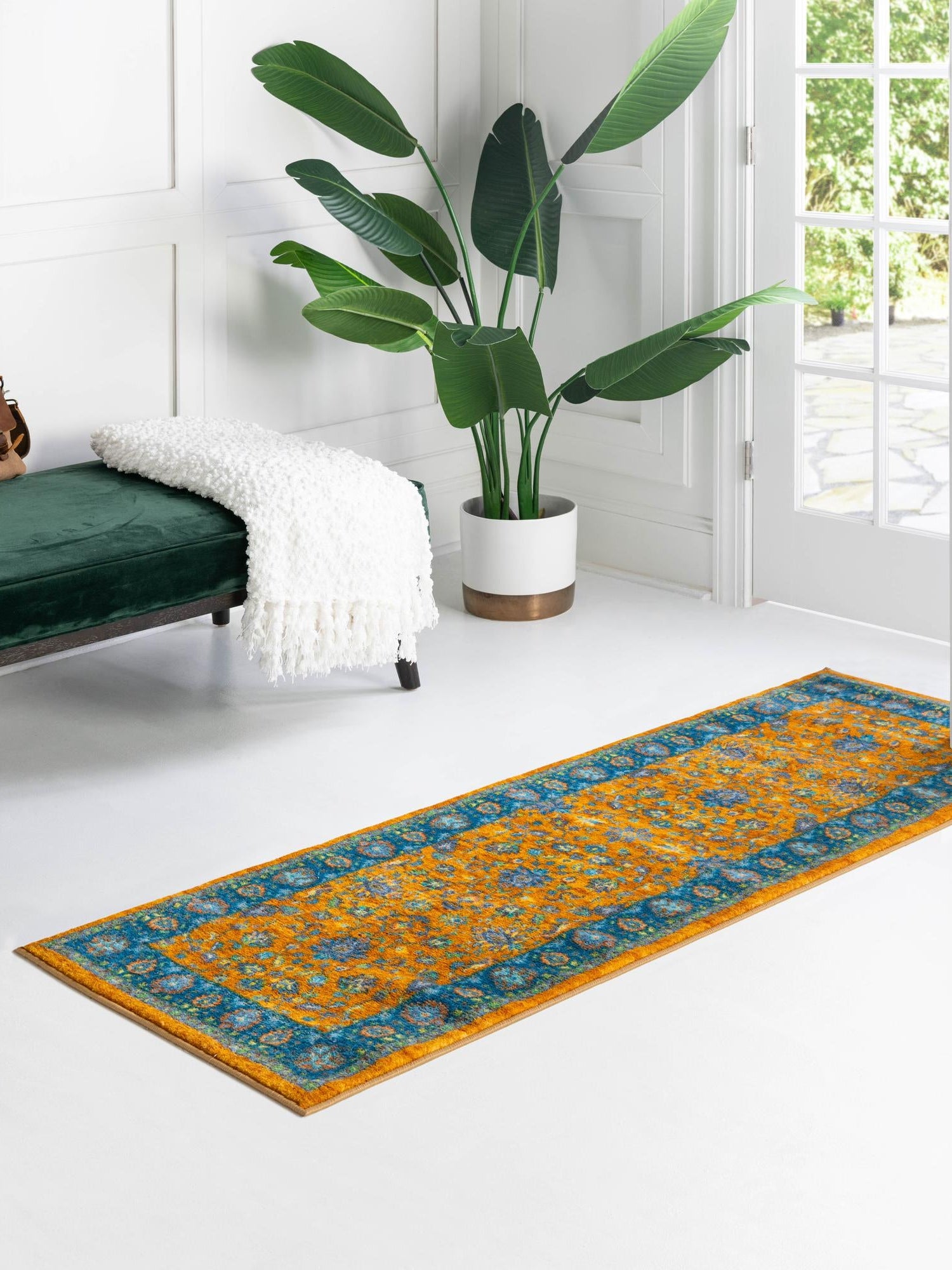 Washable Sunshine Yellow 2' 2 x 10' Medina Runner Area Rug Easy to Clean Stain Resistant & Durable Polyester Classic Carpet for Home Decor & Design for Sale at Rug Engine