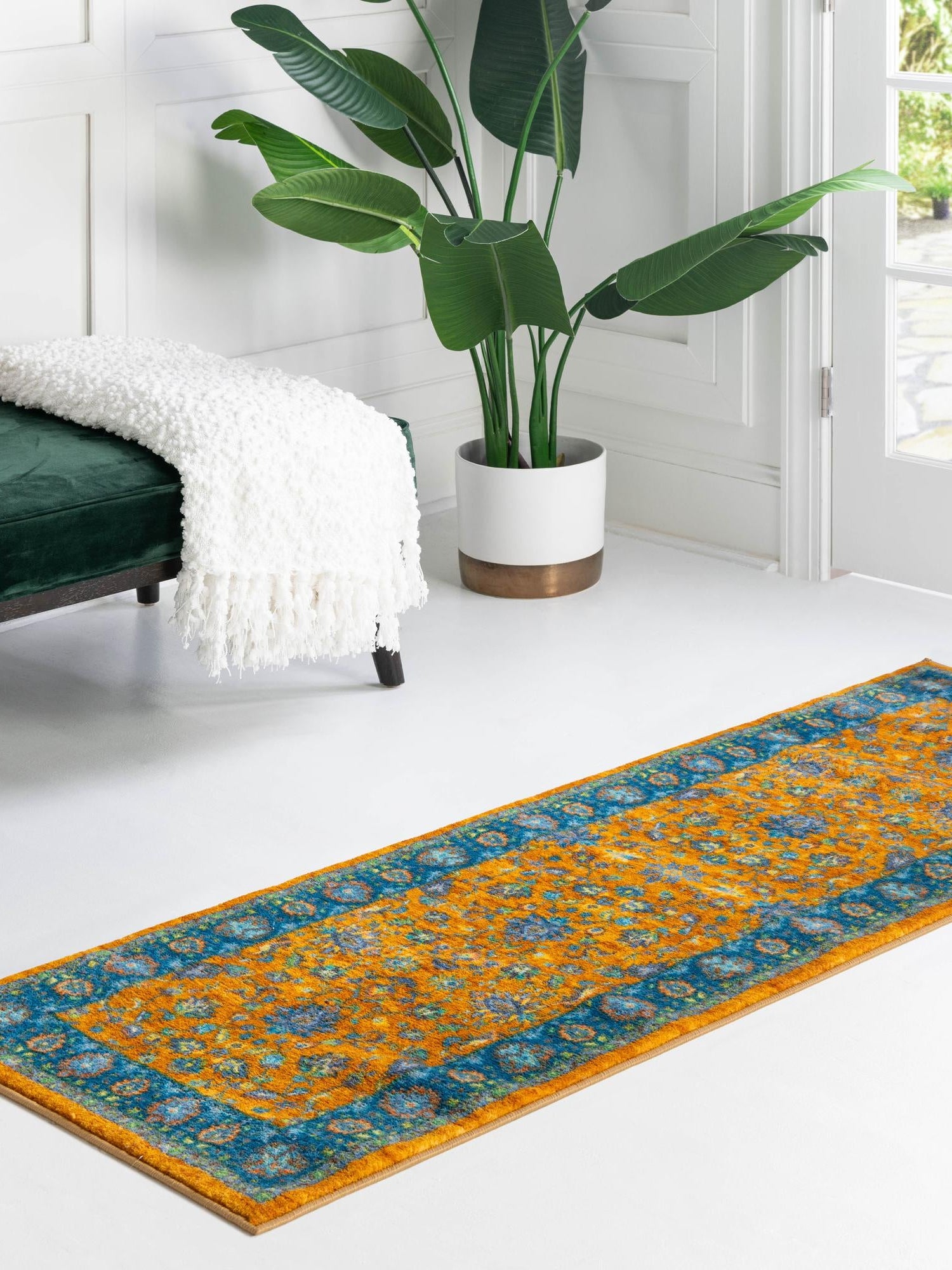 Washable Sunshine Yellow 2' 2 x 10' Medina Runner Area Rug Easy to Clean Stain Resistant & Durable Polyester Classic Carpet for Home Decor & Design for Sale at Rug Engine