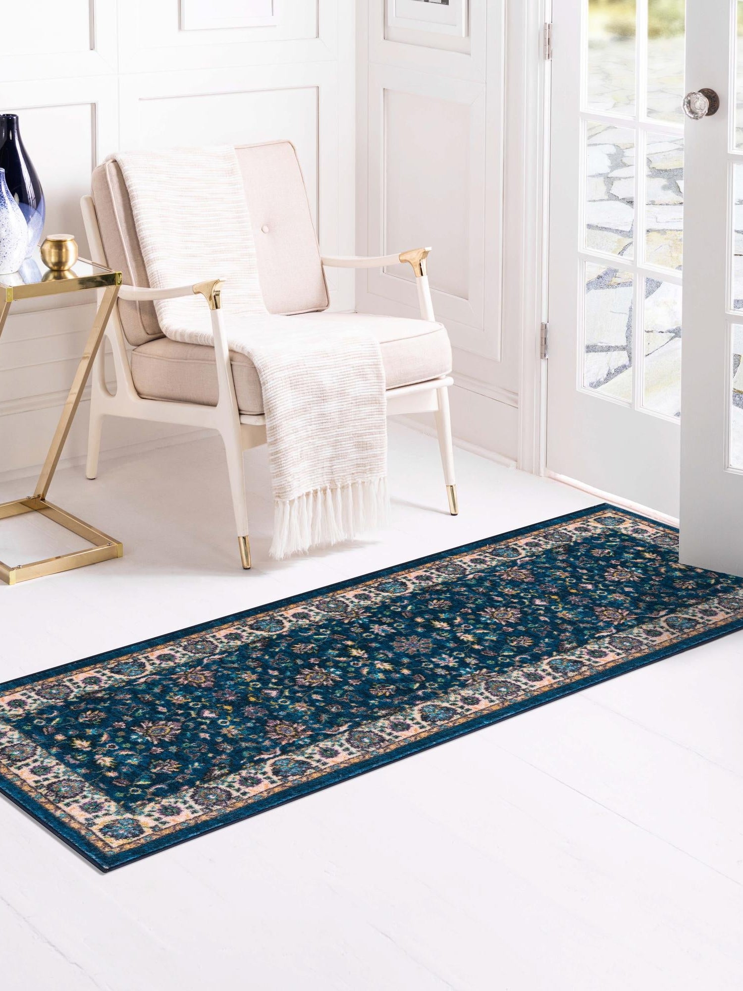 Washable Egyptian Blue 2' 7 x 13' Medina Runner Area Rug Easy to Clean Stain Resistant & Durable Polyester Classic Carpet for Home Decor & Design for Sale at Rug Engine