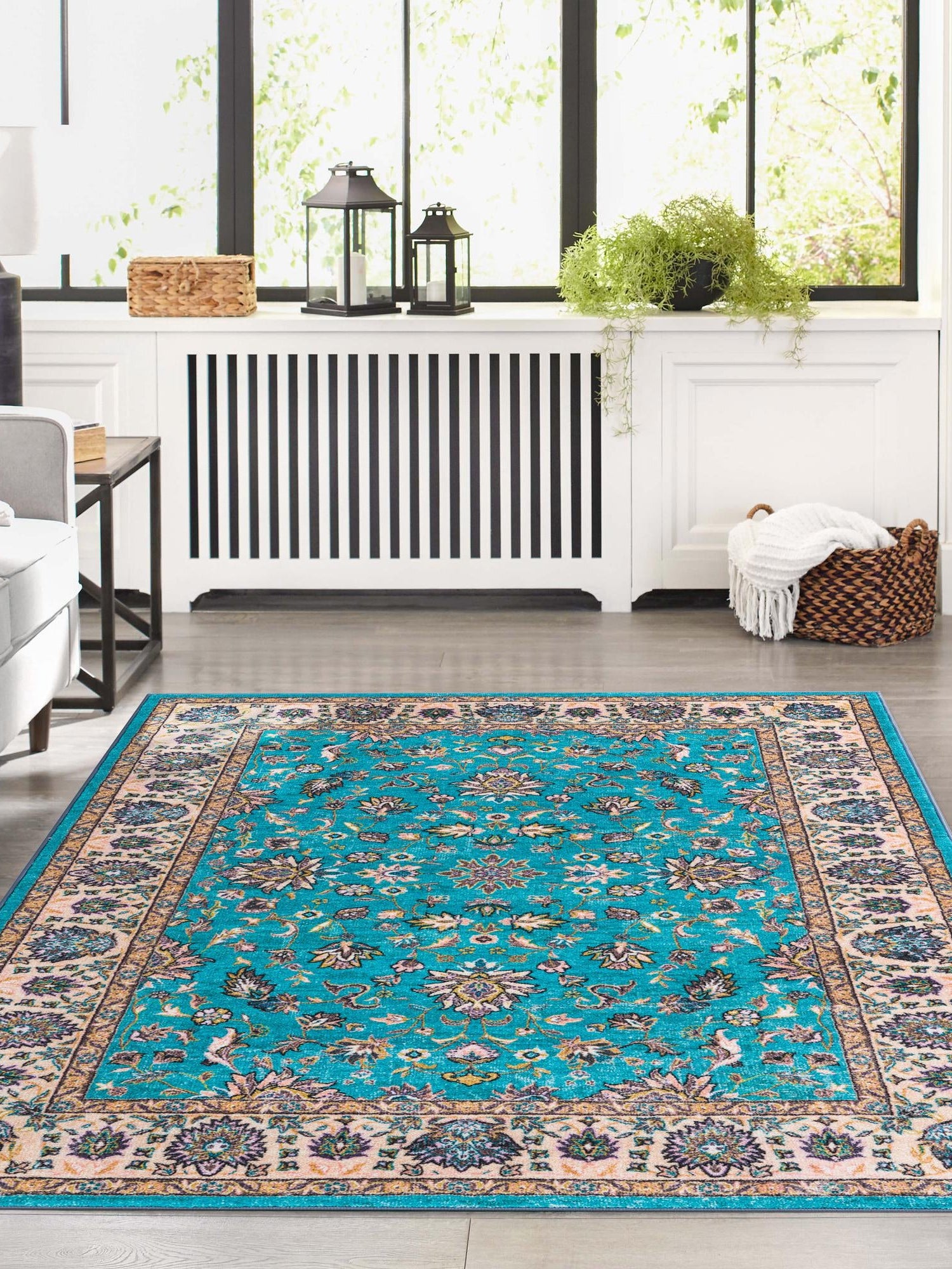 Washable Arctic Aqua Blue 4' 4 x 6' Medina Rectangle Area Rug Easy to Clean Stain Resistant & Durable Polyester Classic Carpet for Home Decor & Design for Sale at Rug Engine