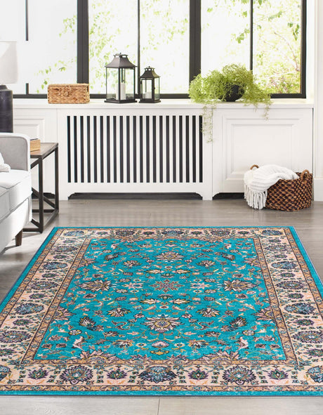 Washable Arctic Aqua Blue 4' 4 x 6' Medina Rectangle Area Rug Easy to Clean Stain Resistant & Durable Polyester Classic Carpet for Home Decor & Design for Sale at Rug Engine