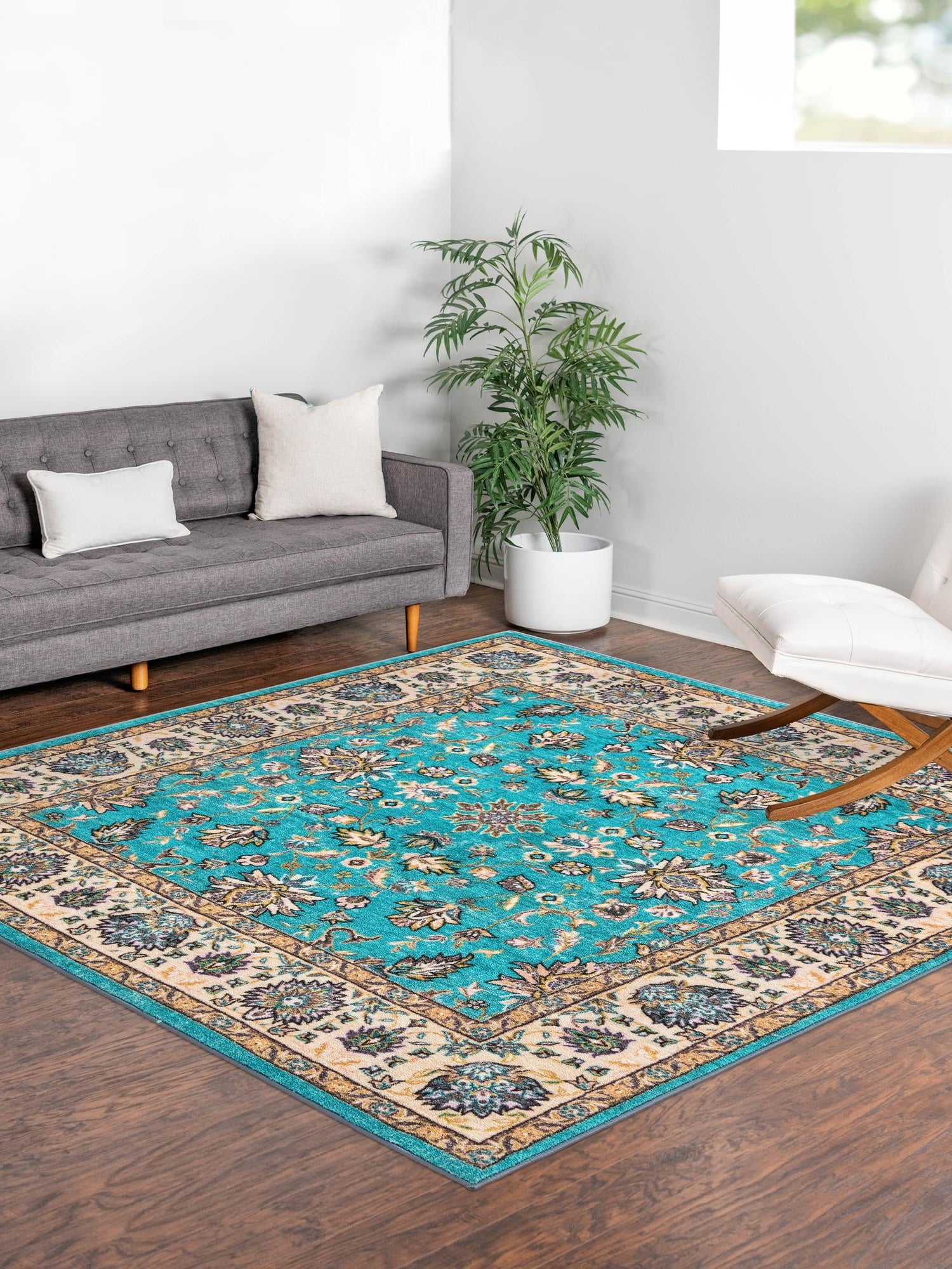 Washable Arctic Aqua Blue 5' 3 x 5' 3 Medina Square Area Rug Easy to Clean Stain Resistant & Durable Polyester Classic Carpet for Home Decor & Design for Sale at Rug Engine