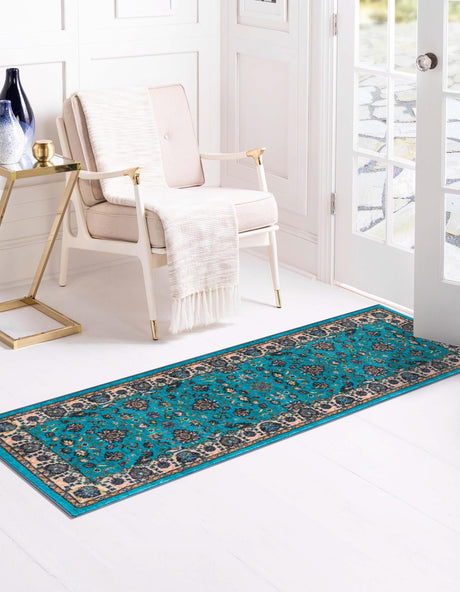 Washable Arctic Aqua Blue 2' 2 x 10' Medina Runner Area Rug Easy to Clean Stain Resistant & Durable Polyester Classic Carpet for Home Decor & Design for Sale at Rug Engine