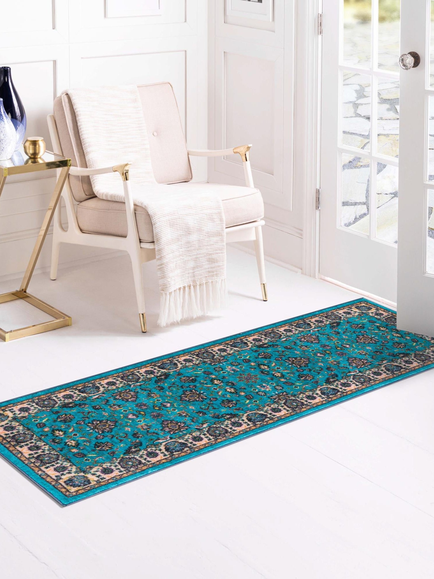 Washable Arctic Aqua Blue 2' 2 x 6' Medina Runner Area Rug Easy to Clean Stain Resistant & Durable Polyester Classic Carpet for Home Decor & Design for Sale at Rug Engine