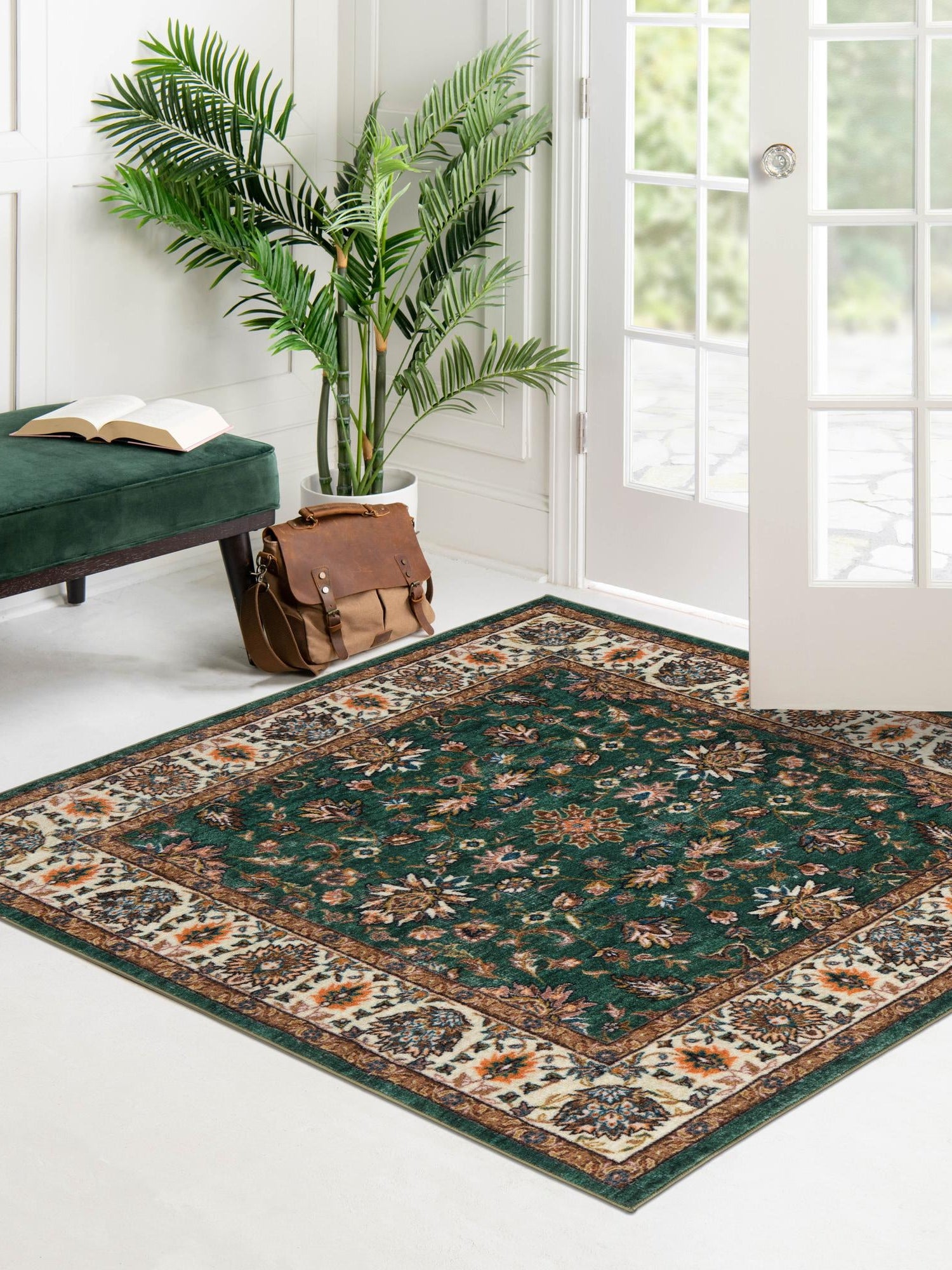 Washable Emerald Green 7' 10 x 7' 10 Medina Square Area Rug Easy to Clean Stain Resistant & Durable Polyester Classic Carpet for Home Decor & Design for Sale at Rug Engine