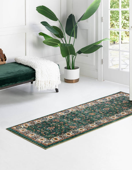 Washable Emerald Green 2' 2 x 5' Medina Runner Area Rug Easy to Clean Stain Resistant & Durable Polyester Classic Carpet for Home Decor & Design for Sale at Rug Engine