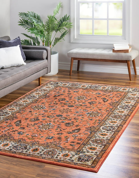 Washable Salmon 4' 4 x 6' Medina Rectangle Area Rug Easy to Clean Stain Resistant & Durable Polyester Classic Carpet for Home Decor & Design for Sale at Rug Engine