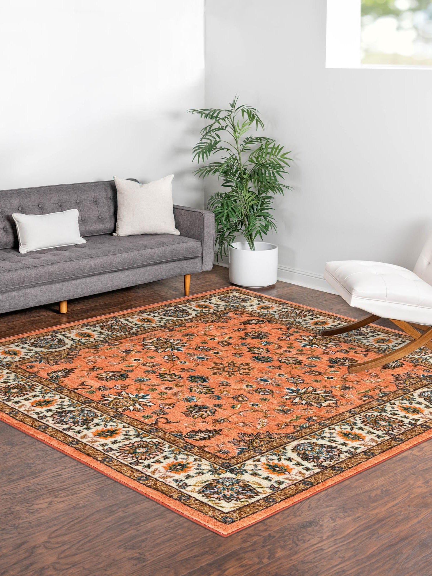 Washable Salmon 7' 10 x 7' 10 Medina Square Area Rug Easy to Clean Stain Resistant & Durable Polyester Classic Carpet for Home Decor & Design for Sale at Rug Engine