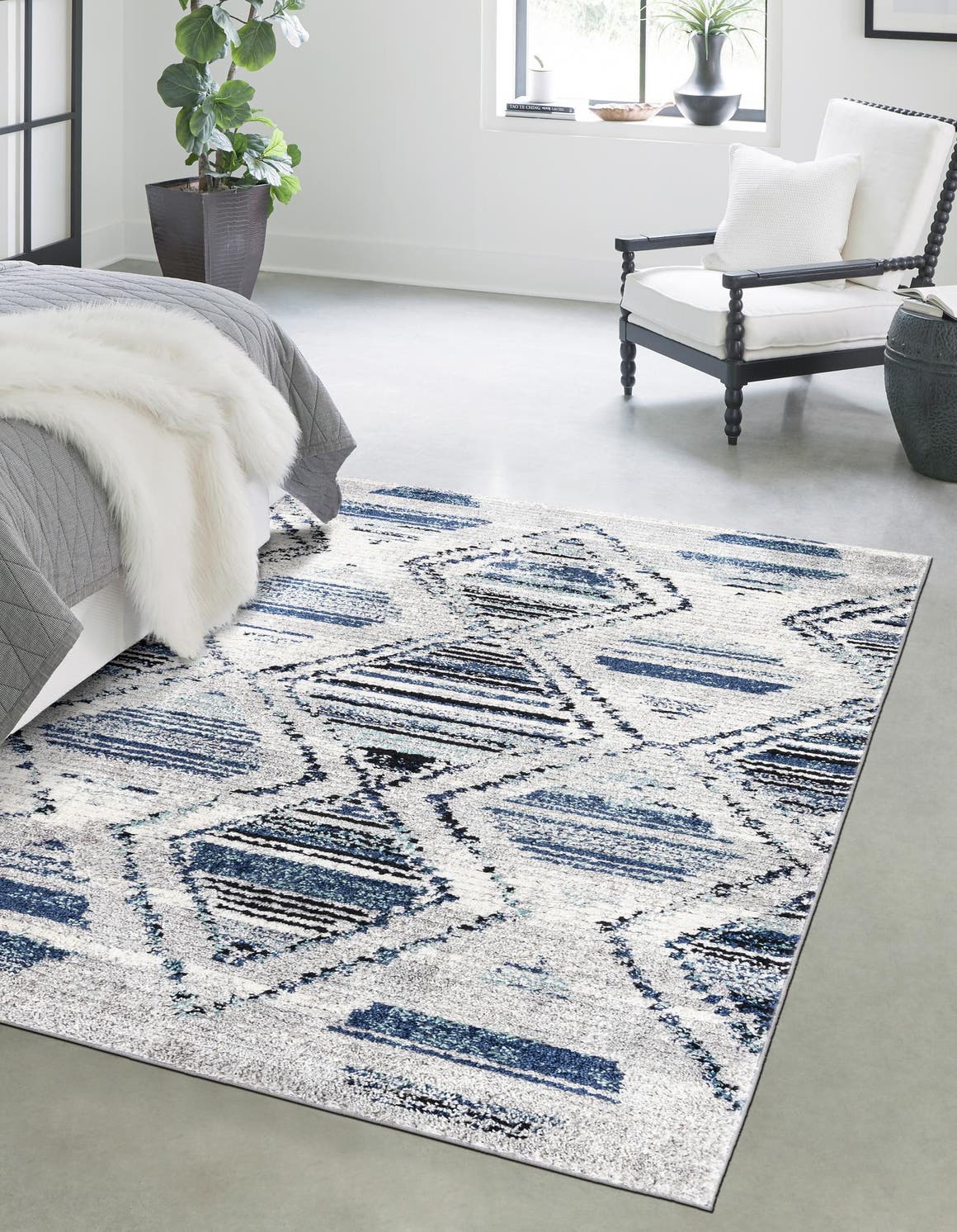 Blue Gray 5' 3 x 8' Tagine Rectangle Area Rug Durable 100% Polyester Modern Unique Easy Clean Carpet for Indoor Home Decor for Sale at Rug Engine