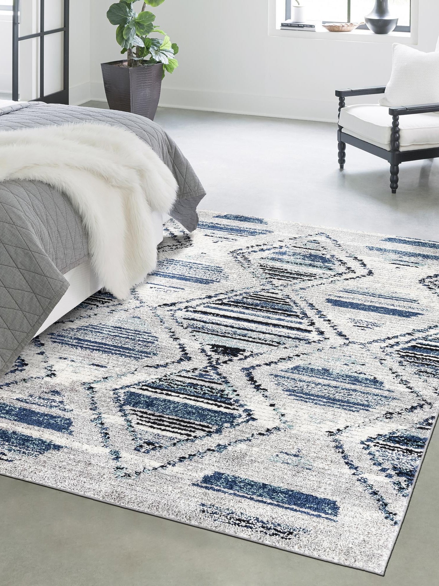 Blue Gray 9' x 12' Tagine Rectangle Area Rug Durable 100% Polyester Modern Unique Easy Clean Carpet for Indoor Home Decor for Sale at Rug Engine