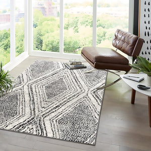 Black and White 9' x 12' Tagine Rectangle Area Rug Durable 100% Polyester Modern Unique Easy Clean Carpet for Indoor Home Decor for Sale at Rug Engine