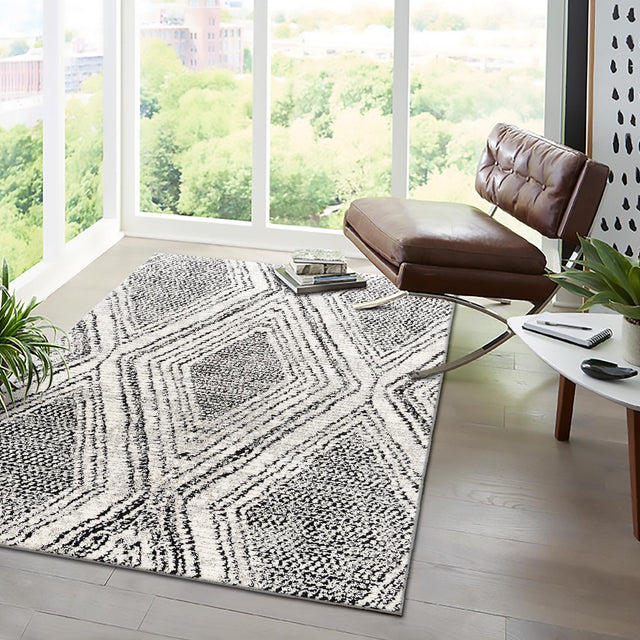 Black and White 9' x 12' Tagine Rectangle Area Rug Durable 100% Polyester Modern Unique Easy Clean Carpet for Indoor Home Decor for Sale at Rug Engine