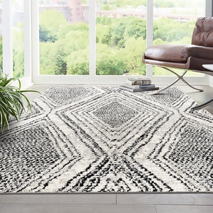 Black and White 9' x 12' Tagine Rectangle Area Rug Durable 100% Polyester Modern Unique Easy Clean Carpet for Indoor Home Decor for Sale at Rug Engine