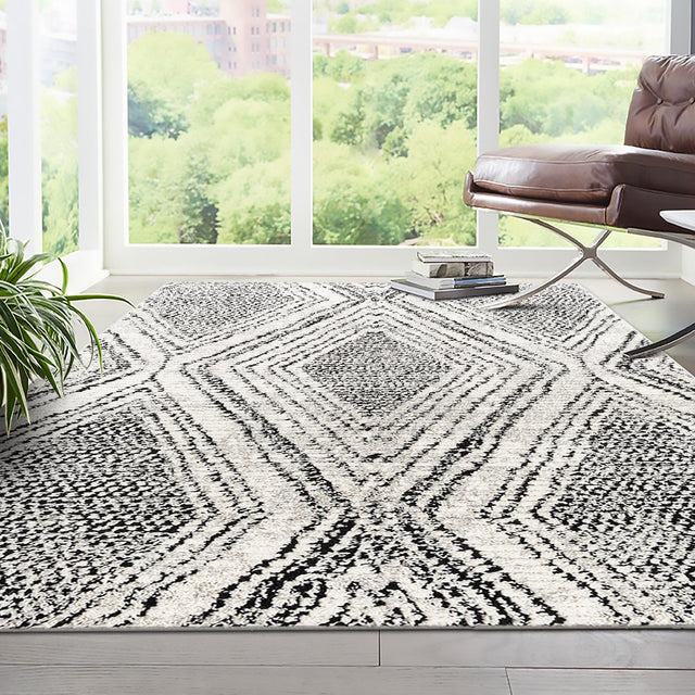 Black and White 9' x 12' Tagine Rectangle Area Rug Durable 100% Polyester Modern Unique Easy Clean Carpet for Indoor Home Decor for Sale at Rug Engine