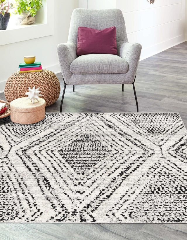 Black and White 7' 10 x 7' 10 Tagine Square Area Rug Durable 100% Polyester Modern Unique Easy Clean Carpet for Indoor Home Decor for Sale at Rug Engine