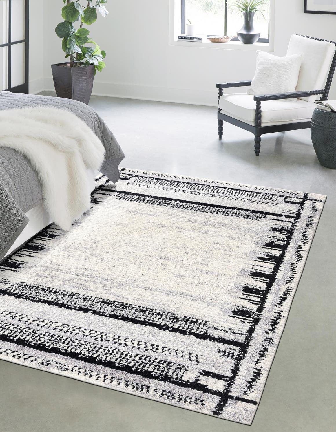Black and White 5' 3 x 8' Tagine Rectangle Area Rug Durable 100% Polyester Modern Unique Easy Clean Carpet for Indoor Home Decor for Sale at Rug Engine