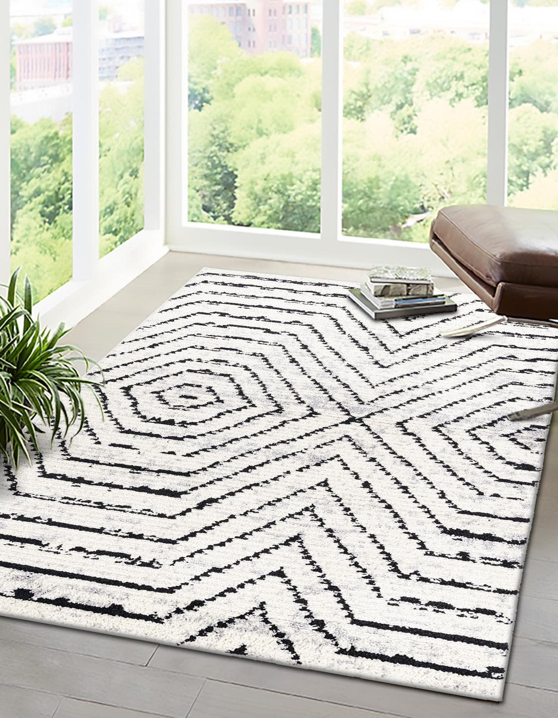 Black and White 6' x 9' Tagine Rectangle Area Rug Durable 100% Polyester Modern Unique Easy Clean Carpet for Indoor Home Decor for Sale at Rug Engine