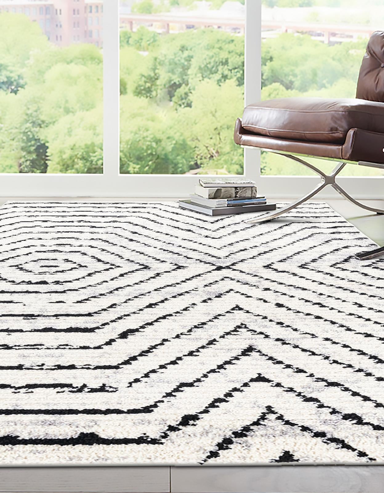 Black and White 7' 10 x 10' Tagine Rectangle Area Rug Durable 100% Polyester Modern Unique Easy Clean Carpet for Indoor Home Decor for Sale at Rug Engine