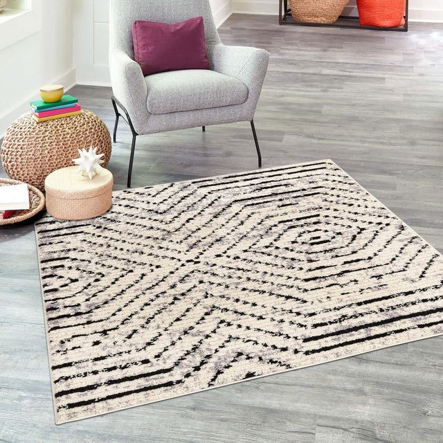 Black and White 5' 3 x 5' 3 Tagine Square Area Rug Durable 100% Polyester Modern Unique Easy Clean Carpet for Indoor Home Decor for Sale at Rug Engine