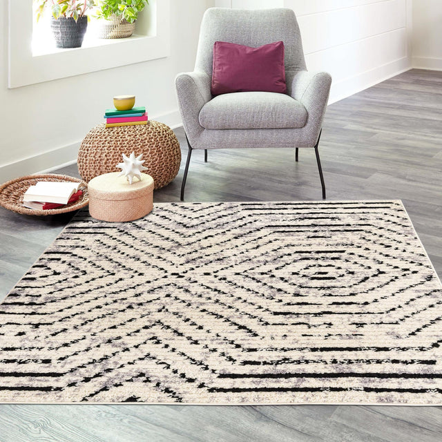Black and White 5' 3 x 5' 3 Tagine Square Area Rug Durable 100% Polyester Modern Unique Easy Clean Carpet for Indoor Home Decor for Sale at Rug Engine