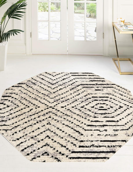 Black and White 5' 3 x 5' 3 Tagine Octagon Area Rug Durable 100% Polyester Modern Unique Easy Clean Carpet for Indoor Home Decor for Sale at Rug Engine