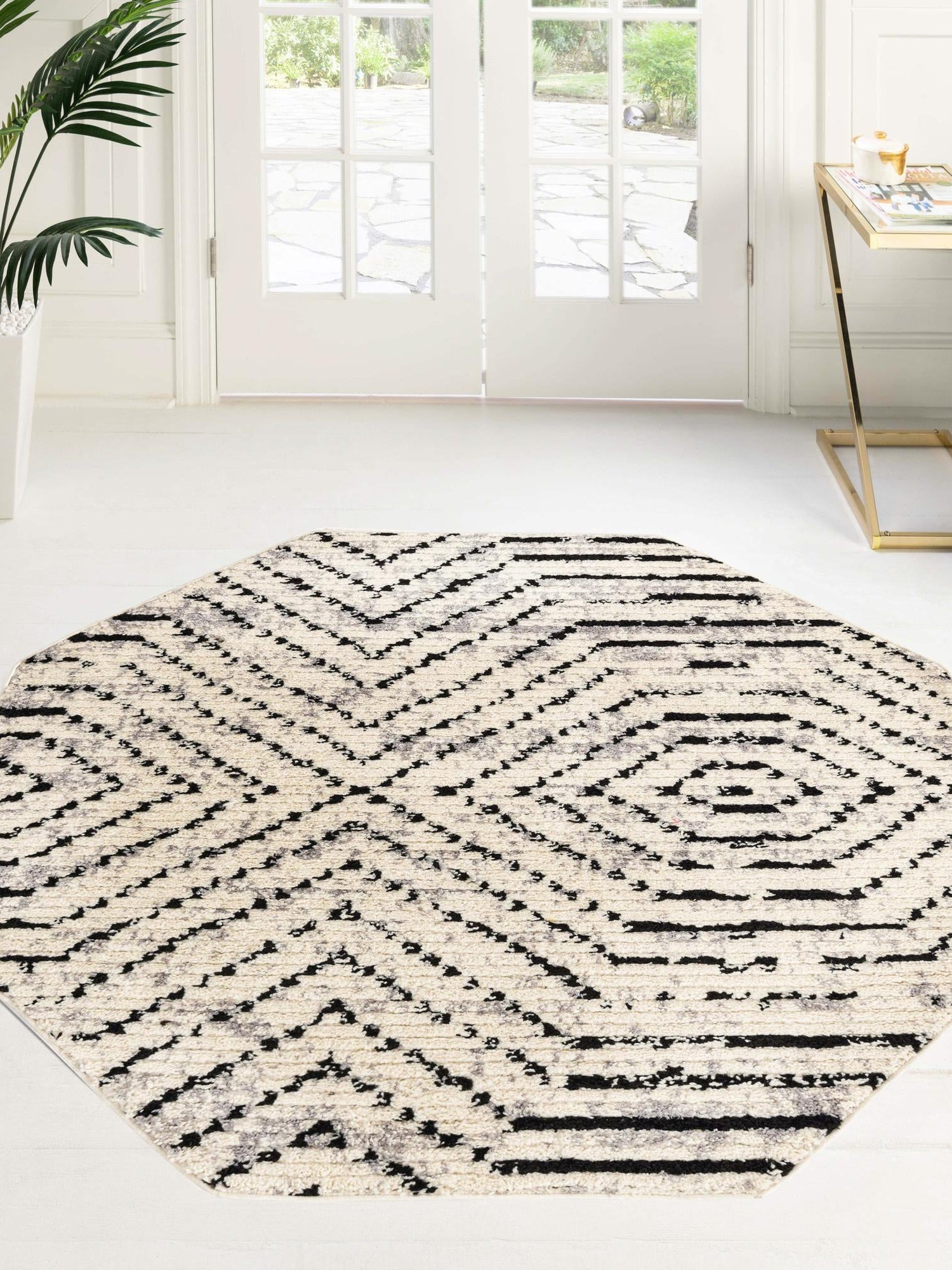 Black and White 7' 10 x 7' 10 Tagine Octagon Area Rug Durable 100% Polyester Modern Unique Easy Clean Carpet for Indoor Home Decor for Sale at Rug Engine