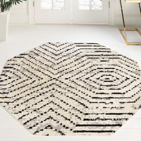 Black and White 5' 3 x 5' 3 Tagine Octagon Area Rug Durable 100% Polyester Modern Unique Easy Clean Carpet for Indoor Home Decor for Sale at Rug Engine