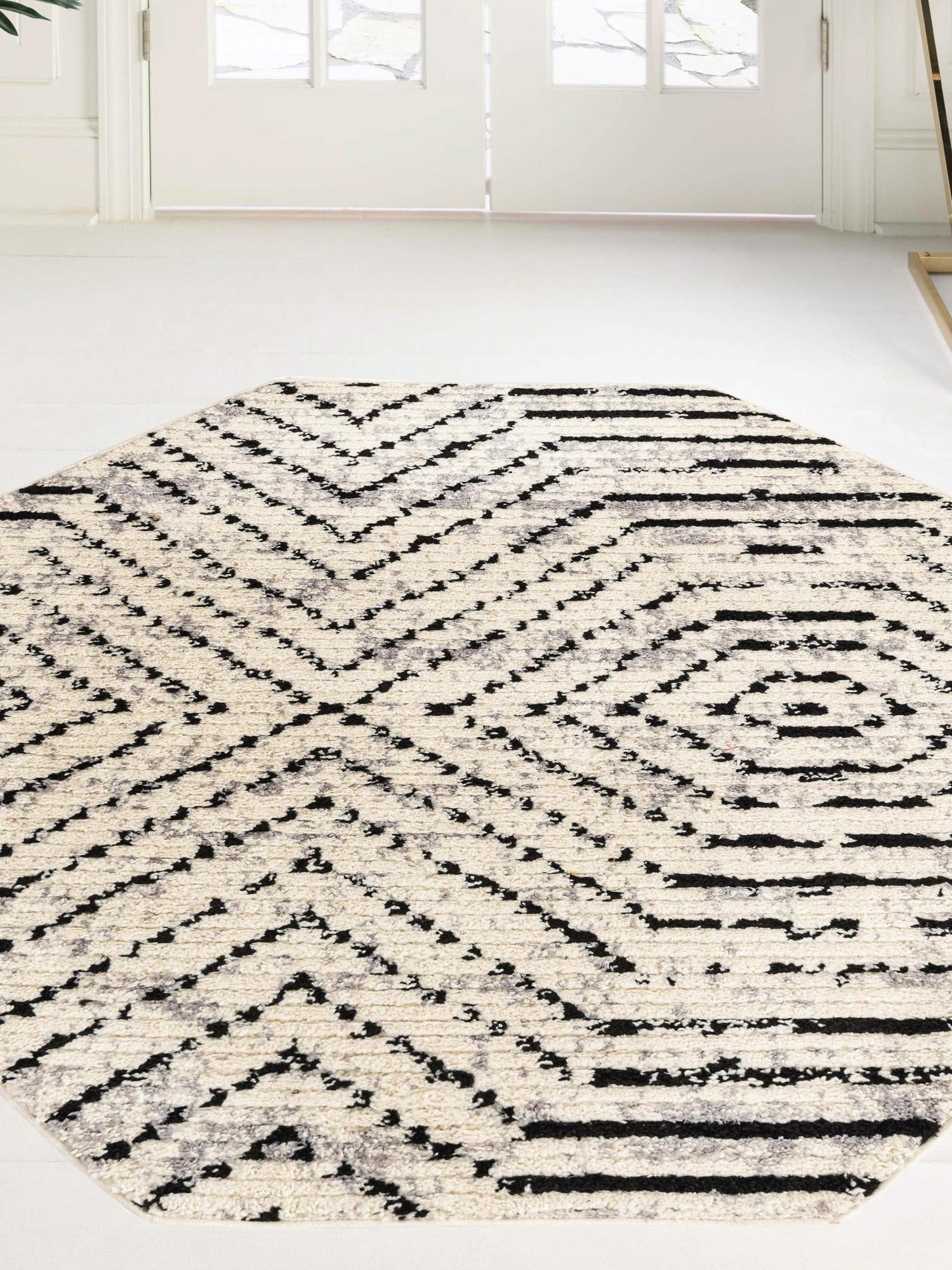 Black and White 7' 10 x 7' 10 Tagine Octagon Area Rug Durable 100% Polyester Modern Unique Easy Clean Carpet for Indoor Home Decor for Sale at Rug Engine