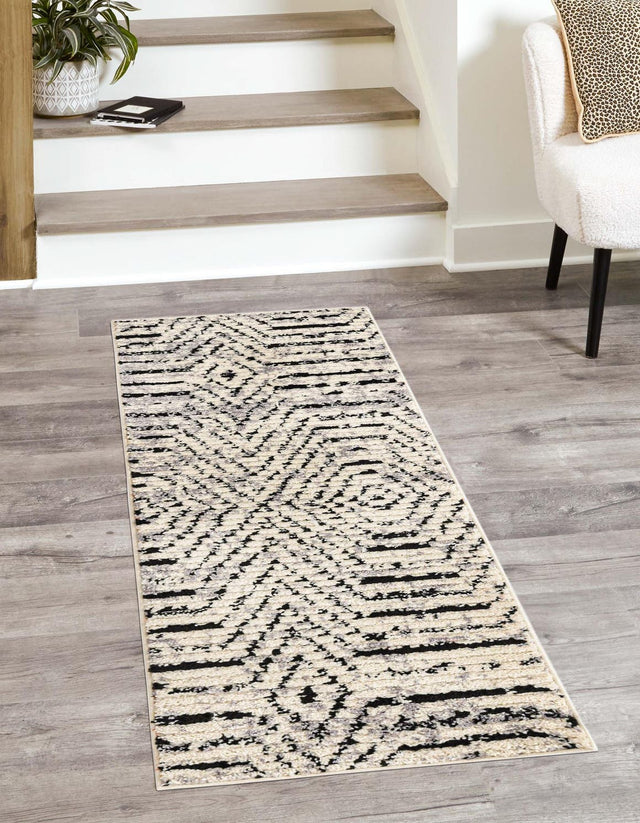 Black and White 2' 7 x 12' Tagine Runner Area Rug Durable 100% Polyester Modern Unique Easy Clean Carpet for Indoor Home Decor for Sale at Rug Engine