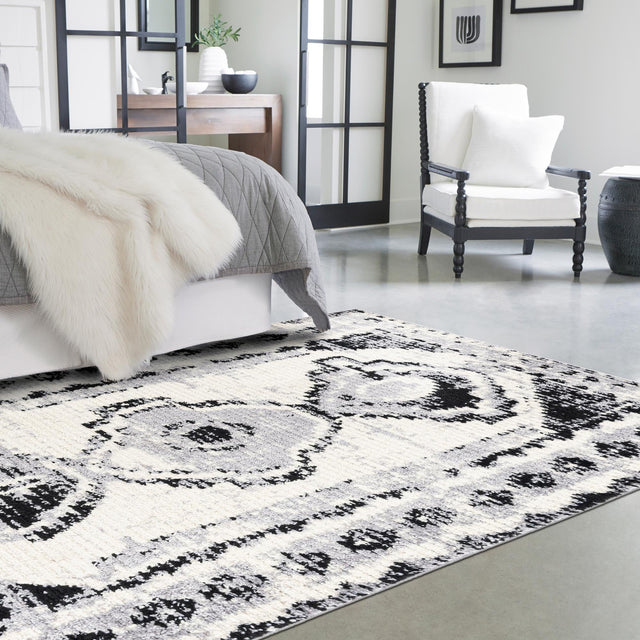 Black and White 6' x 9' Tagine Rectangle Area Rug Durable 100% Polyester Modern Unique Easy Clean Carpet for Indoor Home Decor for Sale at Rug Engine