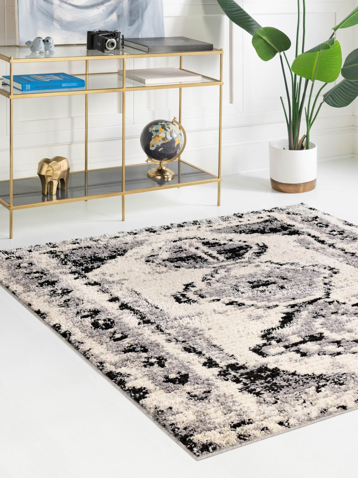 Black and White 5' 3 x 5' 3 Tagine Square Area Rug Durable 100% Polyester Modern Unique Easy Clean Carpet for Indoor Home Decor for Sale at Rug Engine