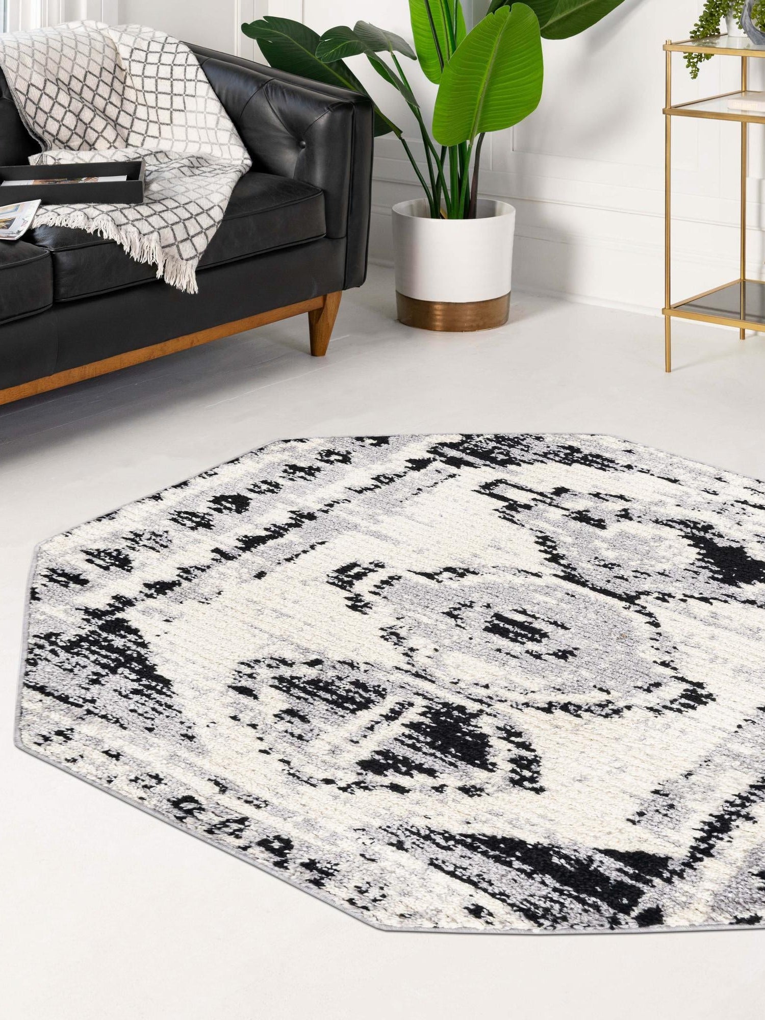 Black and White 5' 3 x 5' 3 Tagine Octagon Area Rug Durable 100% Polyester Modern Unique Easy Clean Carpet for Indoor Home Decor for Sale at Rug Engine