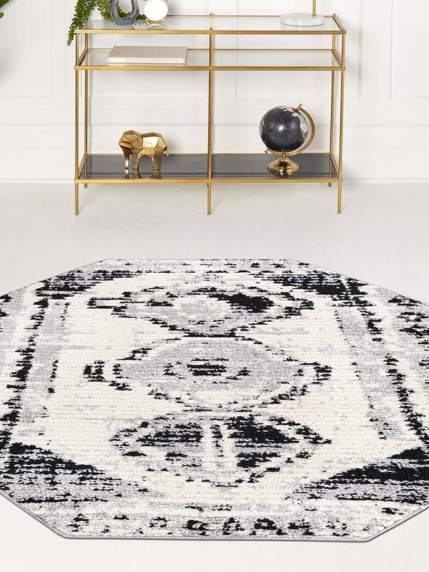 Black and White 5' 3 x 5' 3 Tagine Octagon Area Rug Durable 100% Polyester Modern Unique Easy Clean Carpet for Indoor Home Decor for Sale at Rug Engine