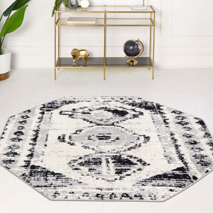 Black and White 5' 3 x 5' 3 Tagine Octagon Area Rug Durable 100% Polyester Modern Unique Easy Clean Carpet for Indoor Home Decor for Sale at Rug Engine