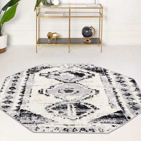 Black and White 5' 3 x 5' 3 Tagine Octagon Area Rug Durable 100% Polyester Modern Unique Easy Clean Carpet for Indoor Home Decor for Sale at Rug Engine