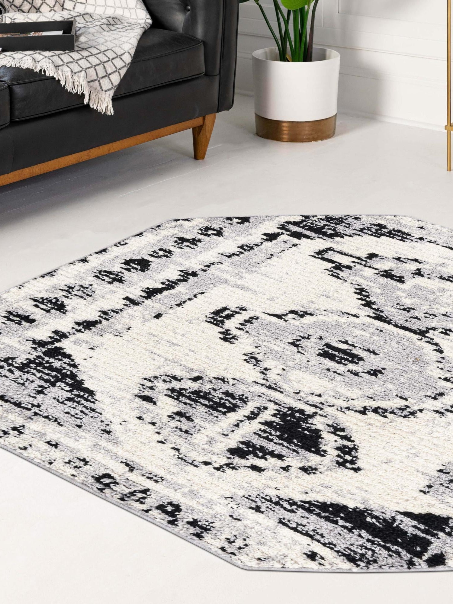Black and White 5' 3 x 5' 3 Tagine Octagon Area Rug Durable 100% Polyester Modern Unique Easy Clean Carpet for Indoor Home Decor for Sale at Rug Engine