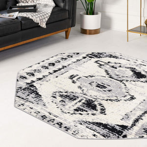 Black and White 5' 3 x 5' 3 Tagine Octagon Area Rug Durable 100% Polyester Modern Unique Easy Clean Carpet for Indoor Home Decor for Sale at Rug Engine
