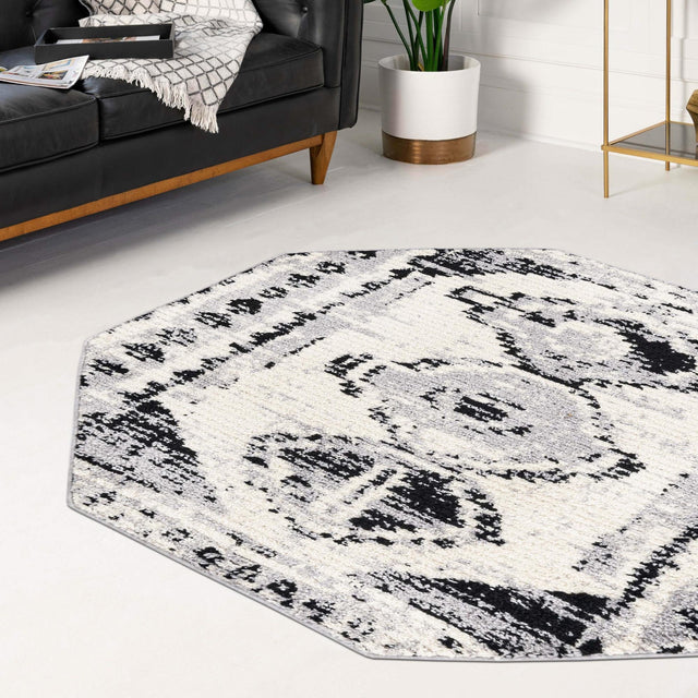 Black and White 5' 3 x 5' 3 Tagine Octagon Area Rug Durable 100% Polyester Modern Unique Easy Clean Carpet for Indoor Home Decor for Sale at Rug Engine